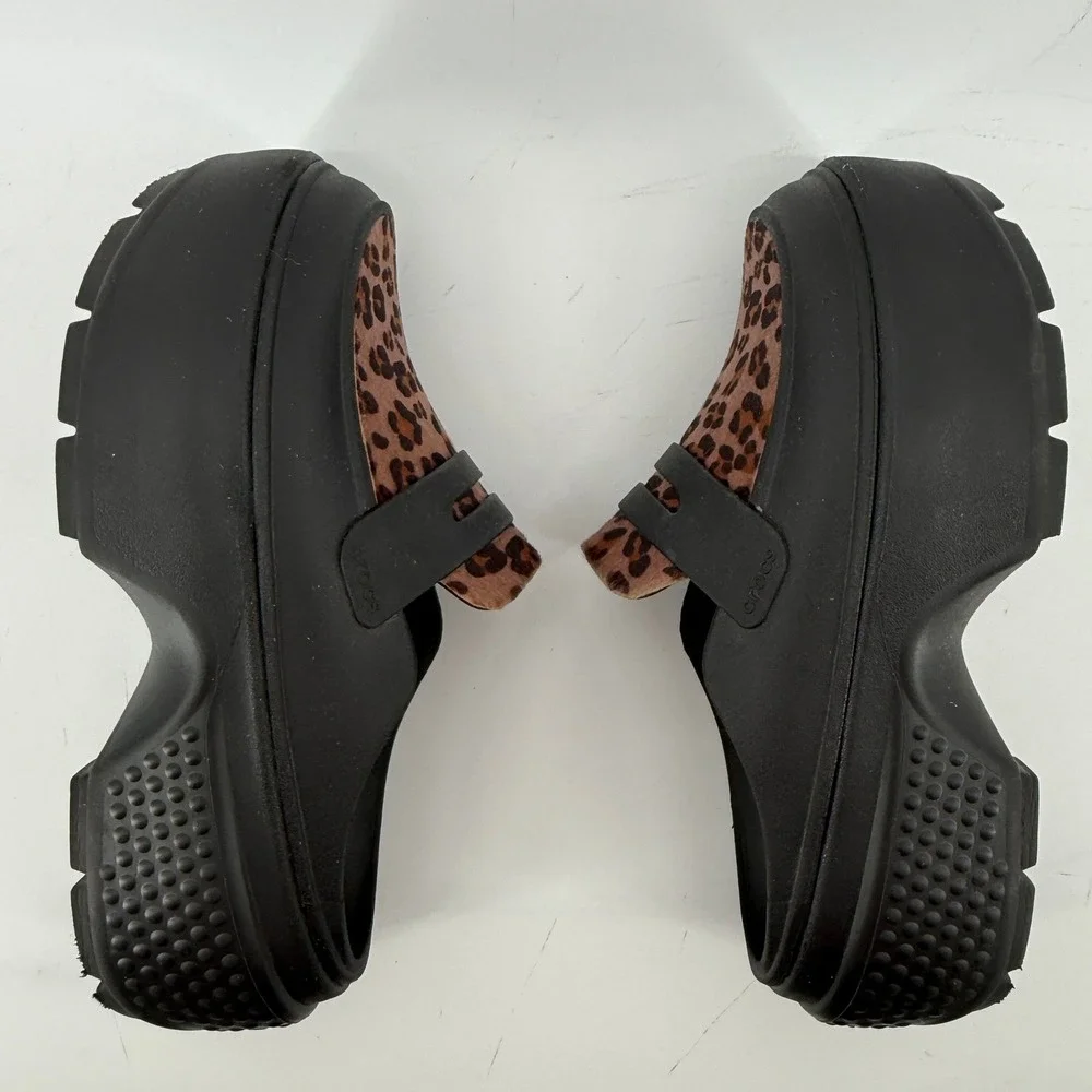 Crocs Stomp Leopard Loafer Clog Black Women 9 Platform Chunky Y2K Slip On Funky